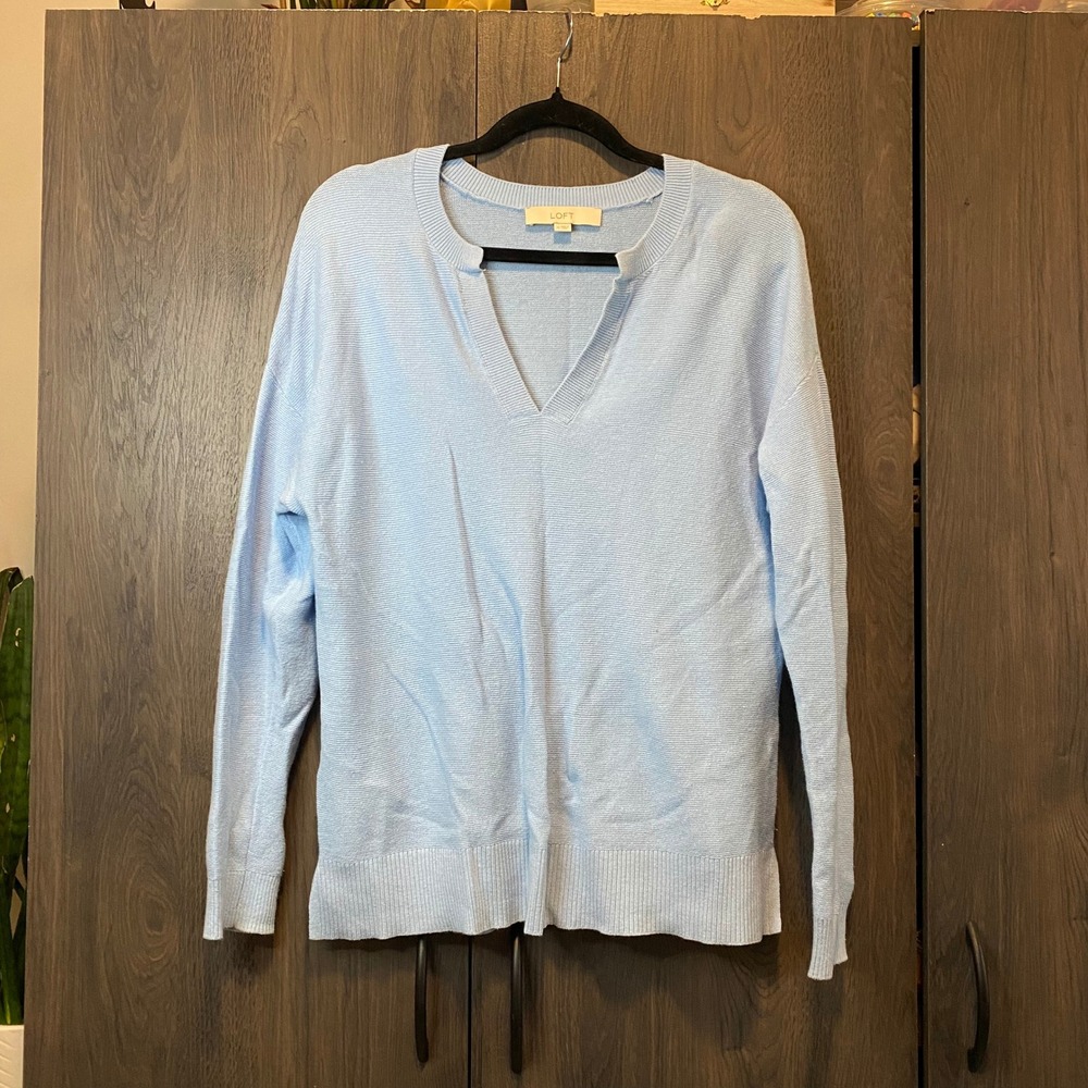 LOFT Womens Light Blue 100% Cotton Textured Split V-Neck Sweater‎ Size M
